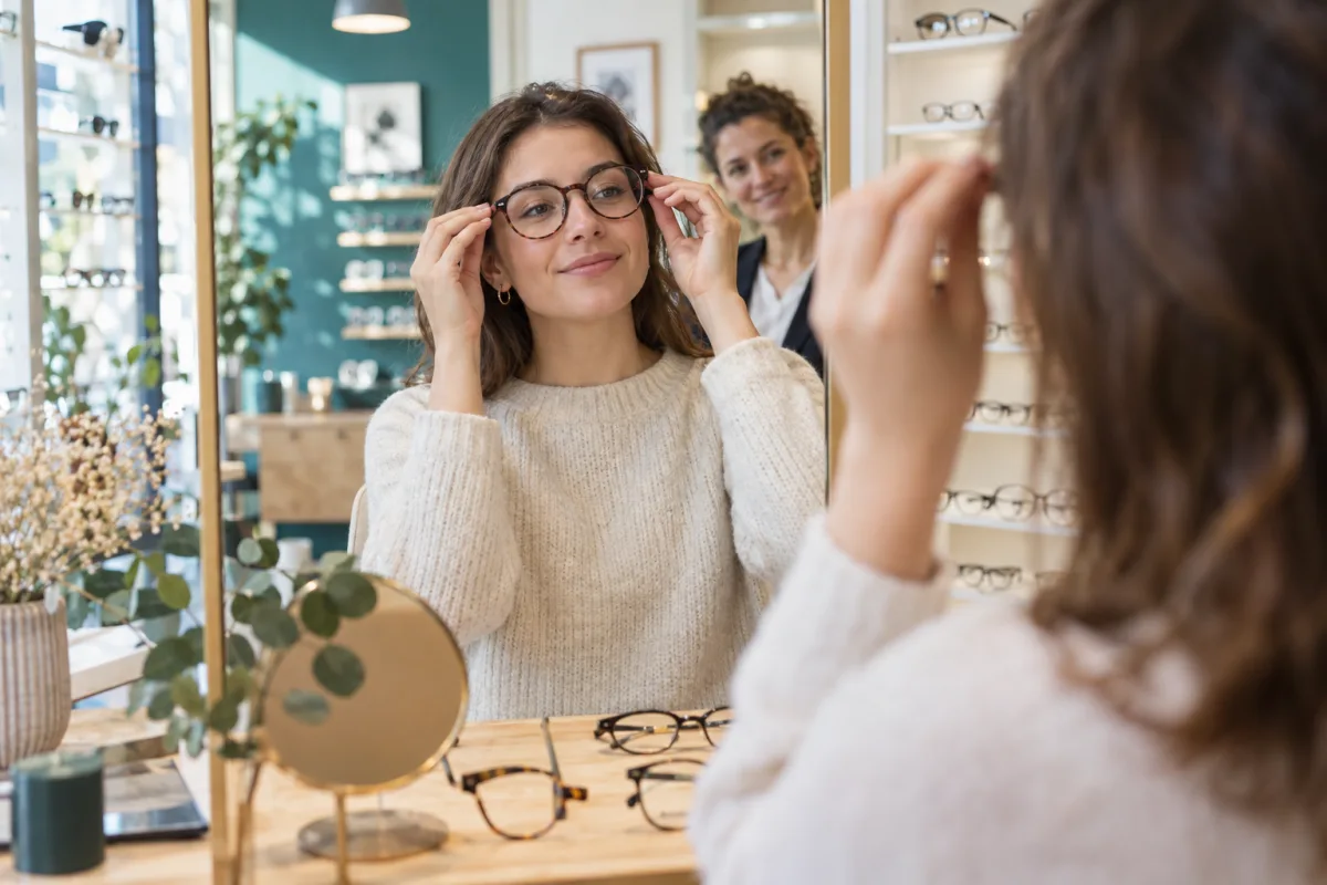 Un jeune adulte essaie une monture chez un opticien