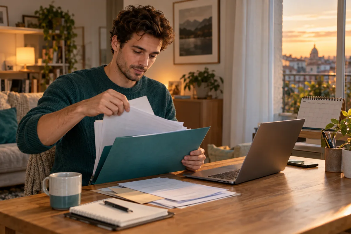 Un jeune adulte organise ses documents professionnels et son calendrier