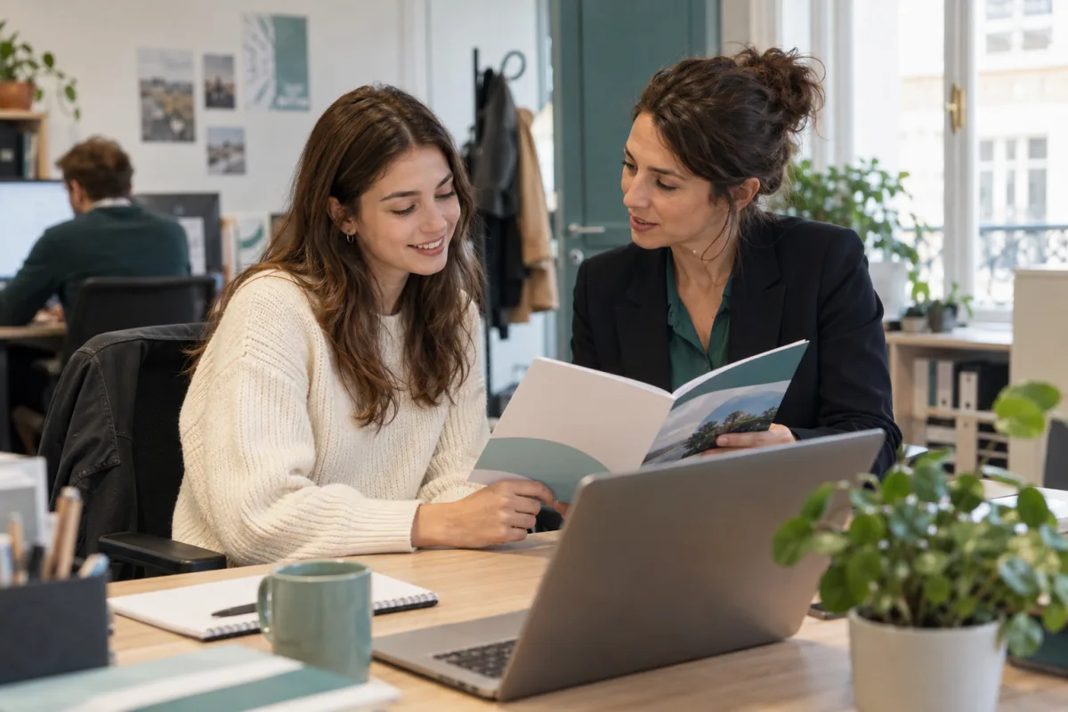 Une jeune salariée échange avec une collègue au sujet de ses documents d’embauche