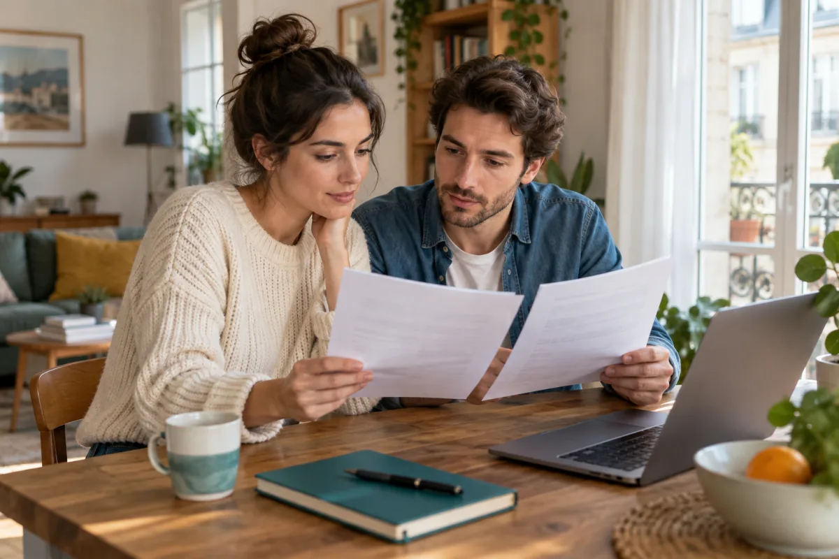 Un couple compare ses documents d’assurance à la maison