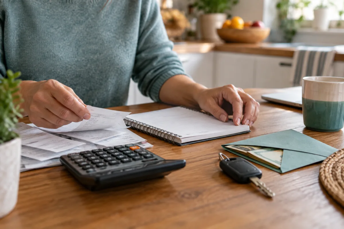 Un carnet de budget, des clés et une enveloppe d’épargne sur une table