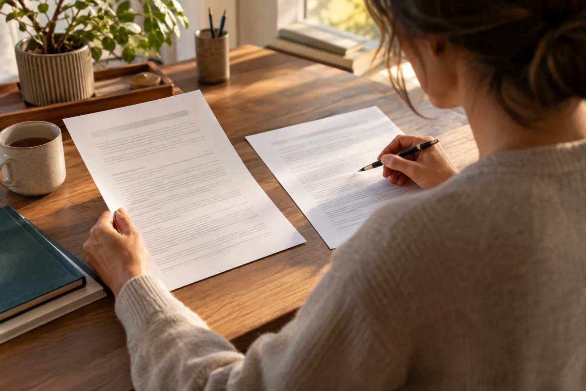 Une personne annote deux documents contractuels pour les comparer