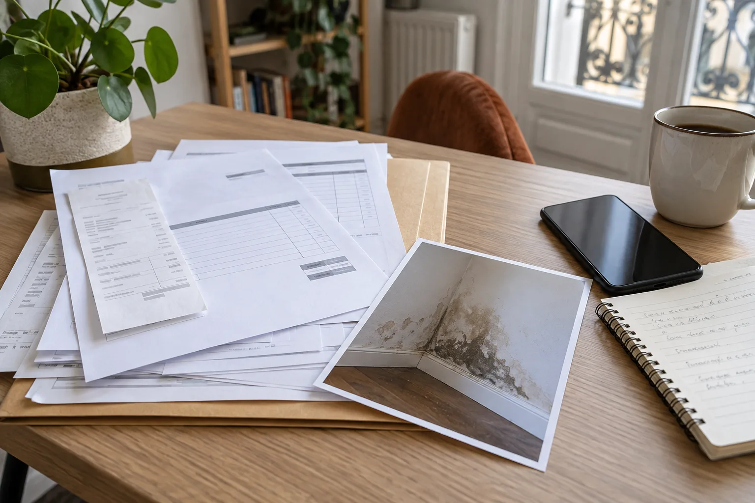 Dossier papier avec factures non lisibles, notes datées et téléphone, organisé après une déclaration de dégât des eaux