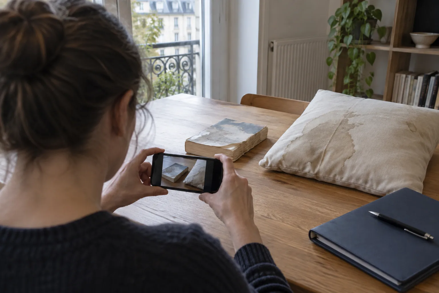 Personne photographiant de dos une table basse et quelques biens touchés dans un logement, sans document lisible