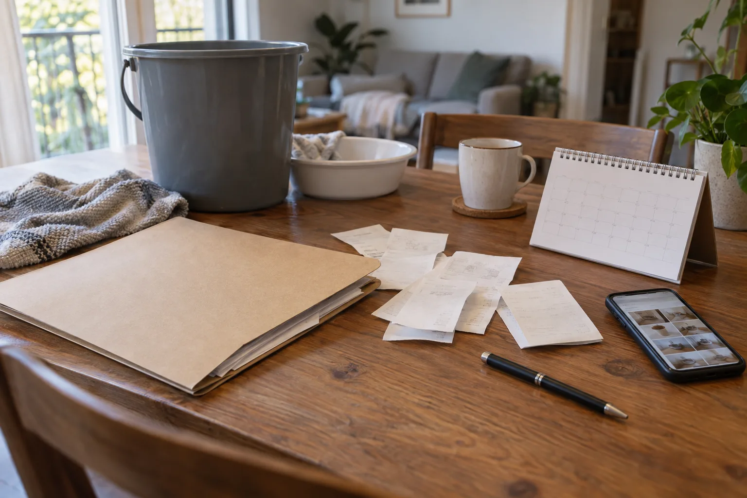 Dossier papier, reçus, téléphone et calendrier rangés sur un bureau