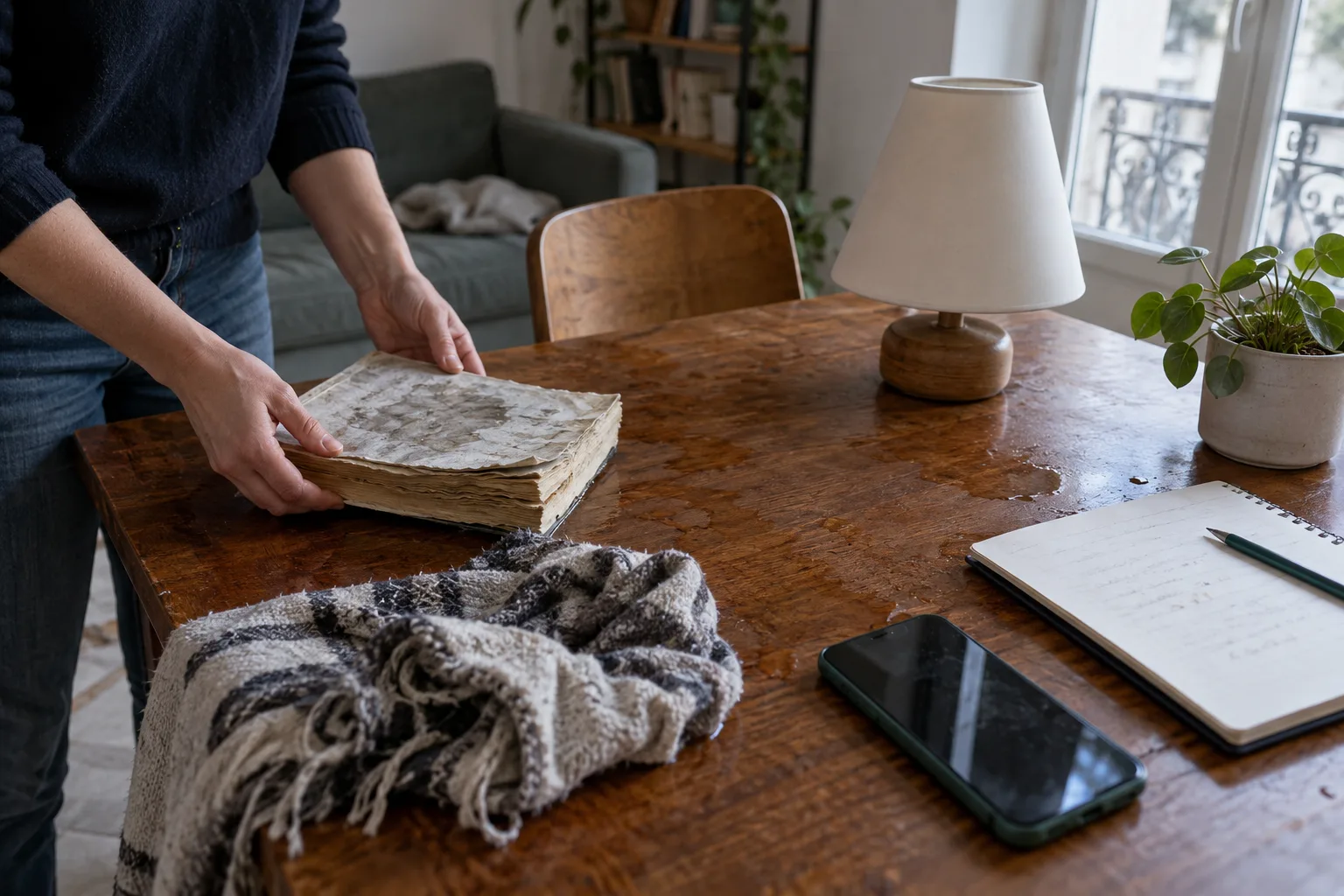 Personne examinant un livre et des textiles humides sur une table, près d'un carnet et d'un téléphone