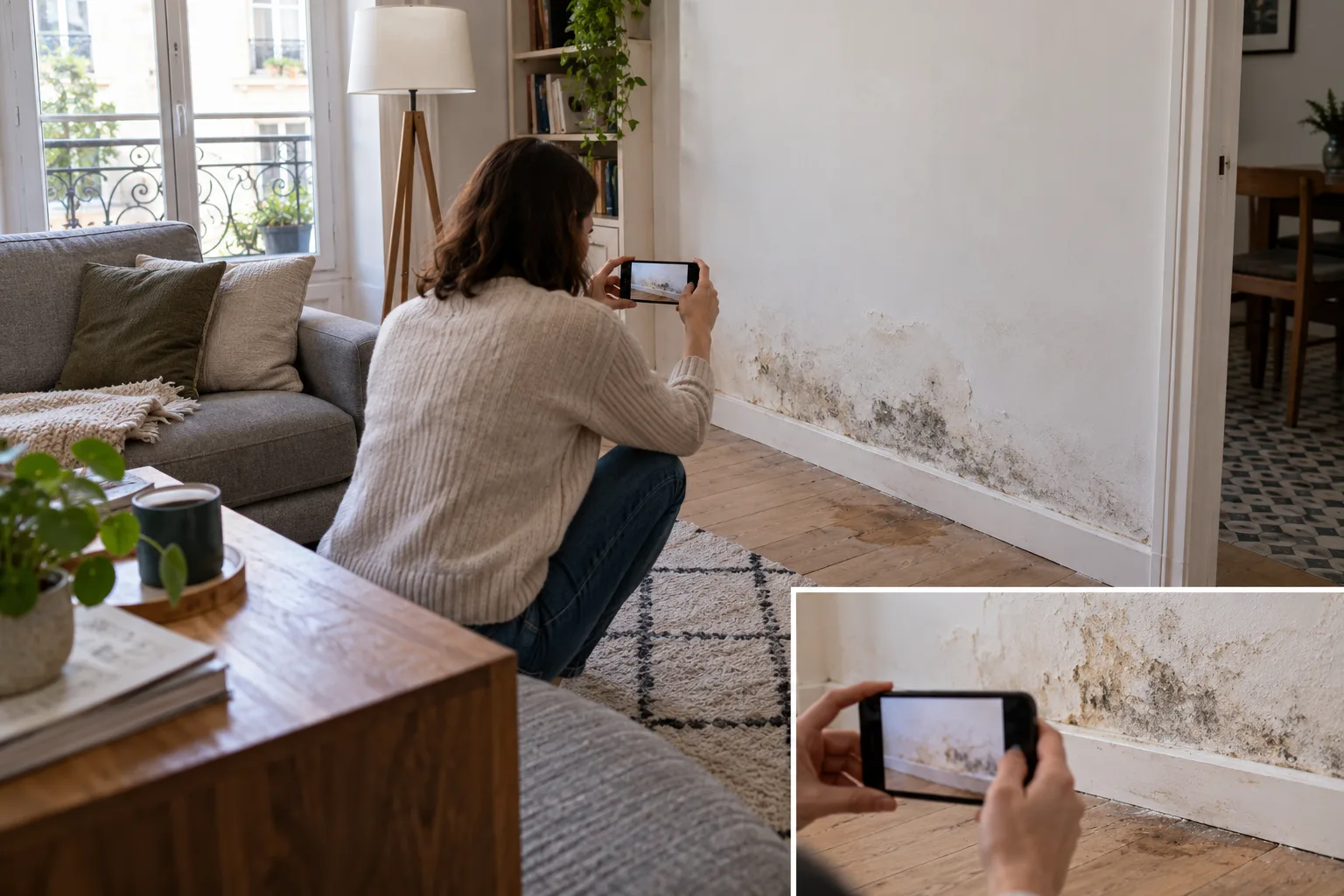 Personne photographiant une zone humide d'un mur et du sol, avec un téléphone