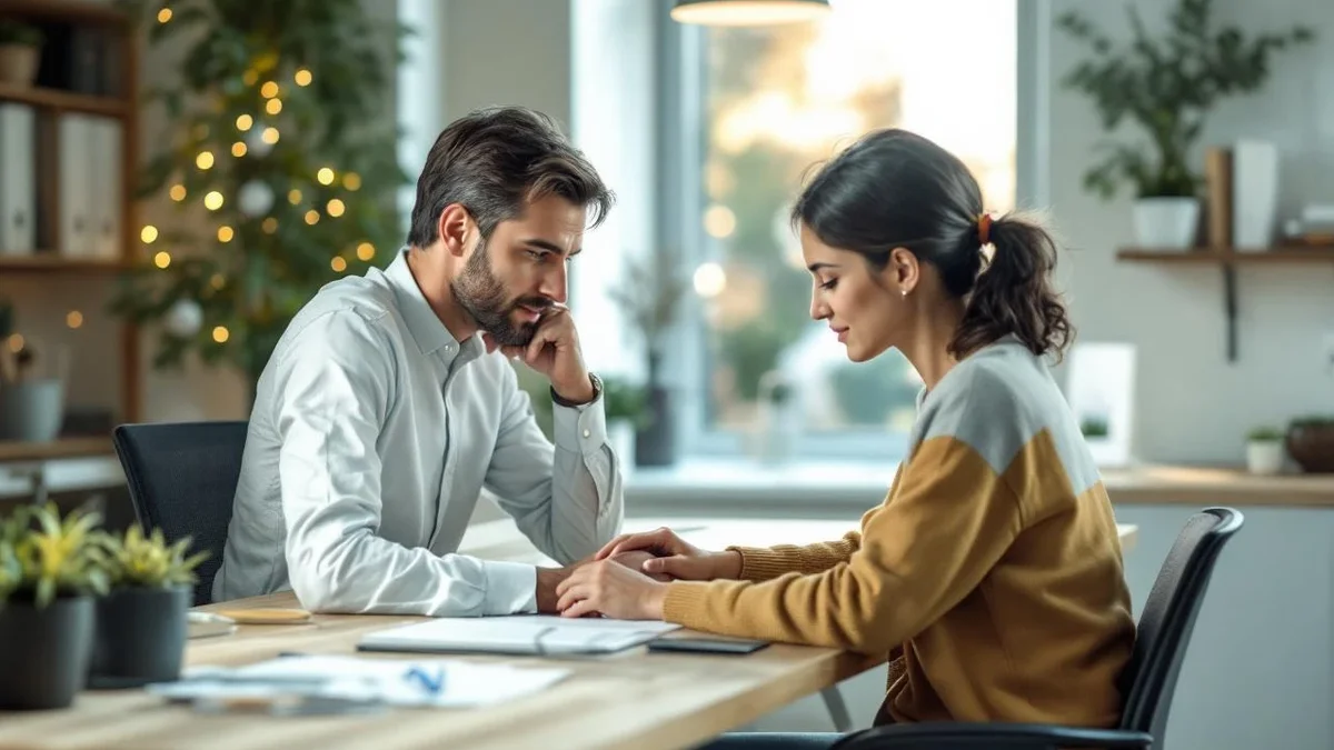 Conseillers et couple en rendez‑vous dans une agence d'assurance APRIL, échange sur santé et prévoyance