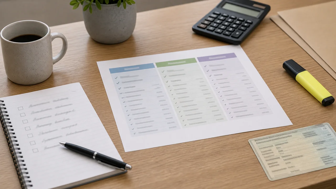 Comparaison de garanties d’assurance auto avec checklist et surligneur