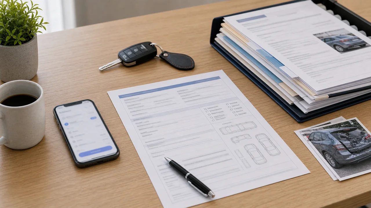 Préparation d’un dossier de sinistre auto avec constat, téléphone et documents d’assurance