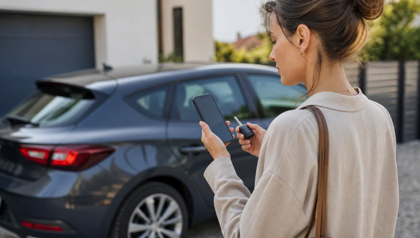 Voiture stationnée devant une maison et consultation d’un devis d’assurance auto