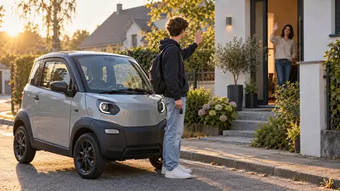 Voiture sans permis devant une maison, adolescent prêt à partir