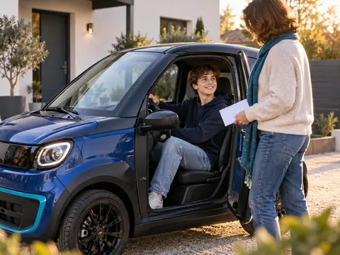Adolescent au volant d'une voiturette sans permis avec un parent à côté