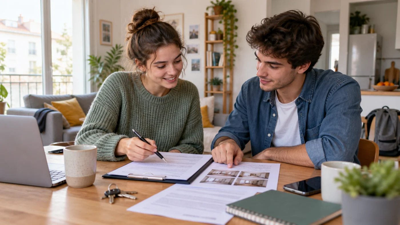 deux étudiants relisant un état des lieux et des documents de location