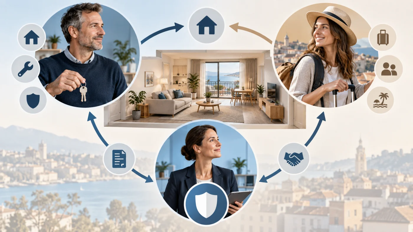 propriétaire voyageuse et assureur autour d’un logement de vacances