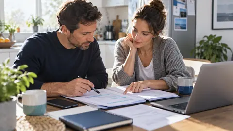 Couple relisant une fiche d'assurance emprunteur à la table de la cuisine