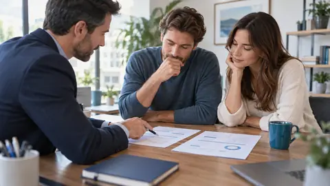 Couple et conseiller comparant deux simulations de cotisation d'assurance emprunteur