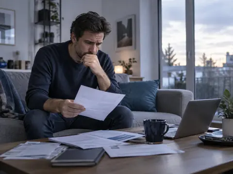 Emprunteur seul relisant les documents de son prêt après le décès de son conjoint