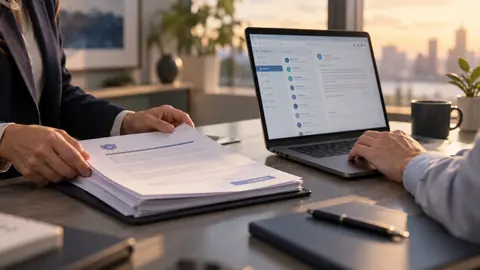 Contrats d'assurance et ordinateur portable sur un bureau d'entreprise