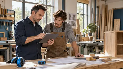 Gérant d'atelier évaluant le coût d'un arrêt d'activité avec son équipe