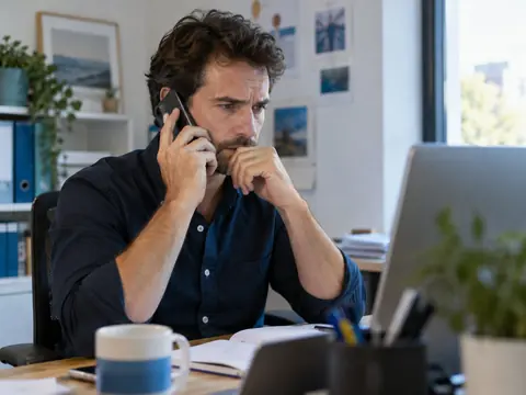 Dirigeant de TPE devant un ordinateur, en pleine interruption d'activité informatique