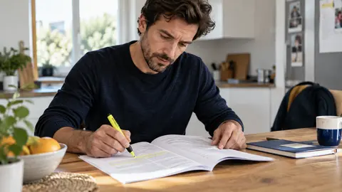 Parent relisant les conditions générales de son assurance habitation avec le carnet de correspondance de l'école à côté