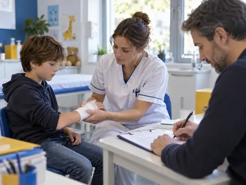Enfant avec un poignet bandé dans une infirmerie scolaire pendant qu'un adulte remplit une déclaration d'accident