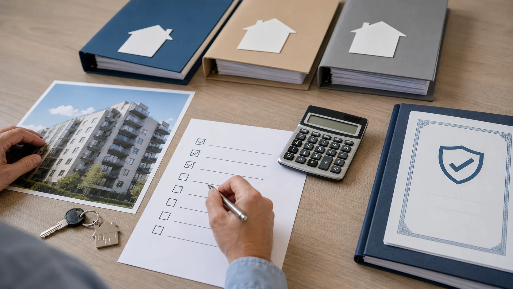 Propriétaire vérifiant une checklist PNO avec clés et dossier de copropriété