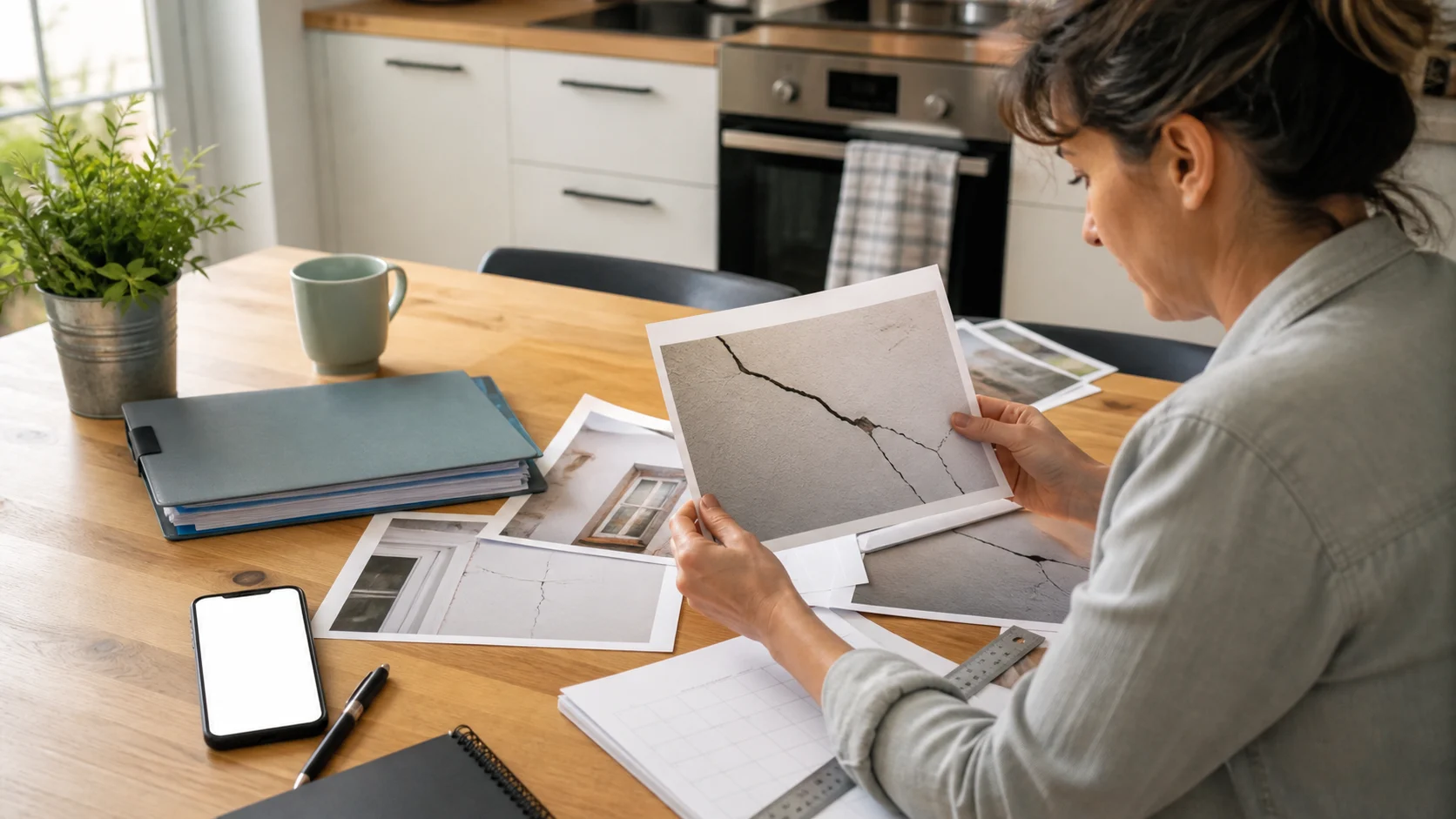 dossier de déclaration assurance avec photos de fissures et calendrier