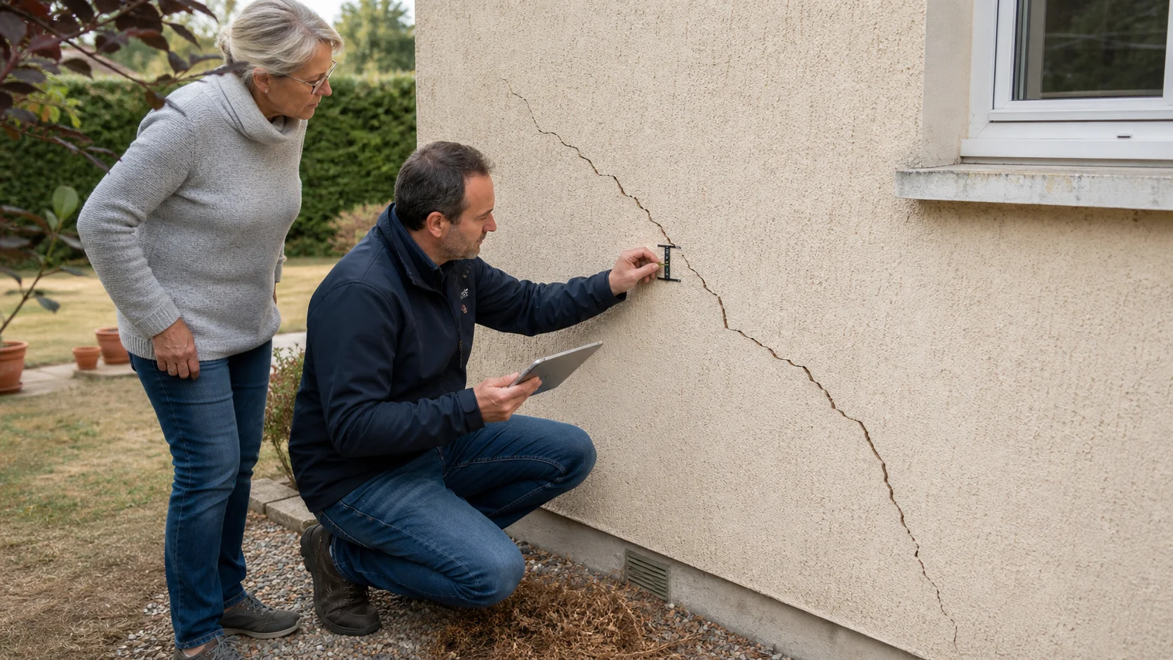 expert assurance mesurant une fissure sur une façade de maison
