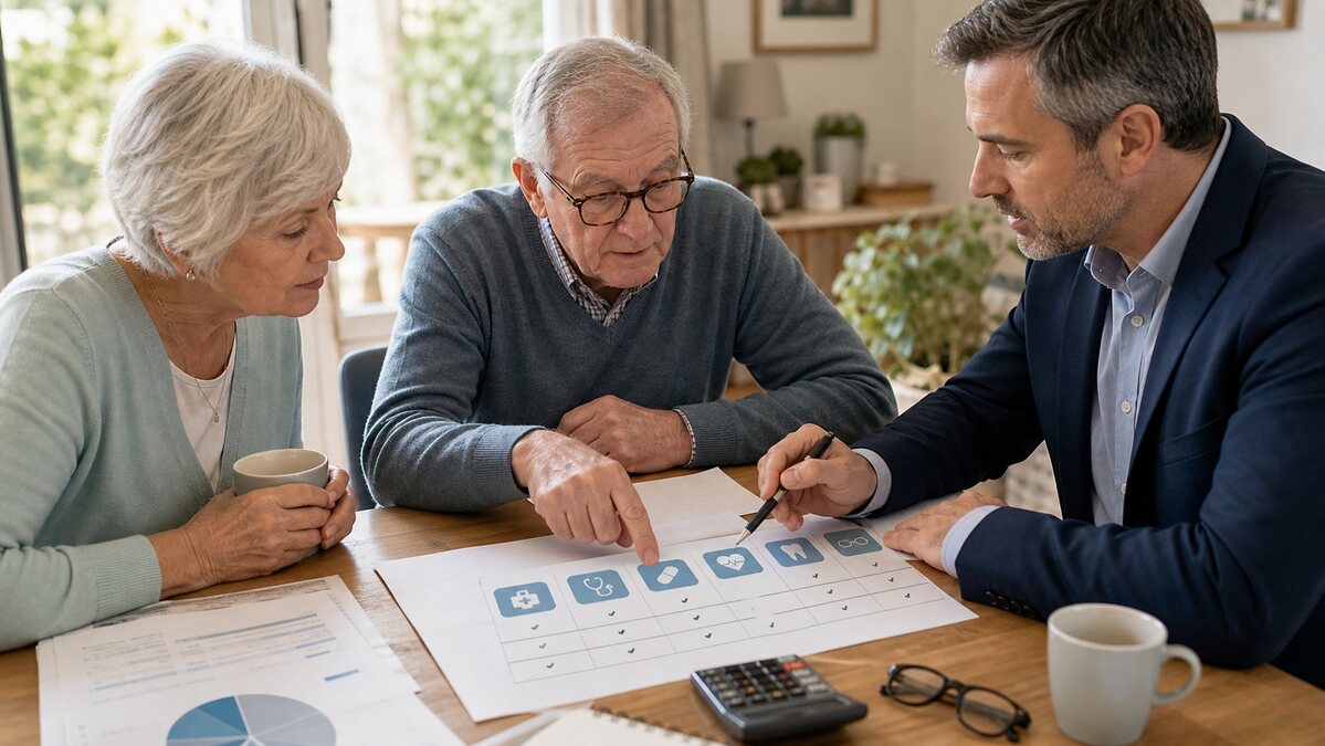 Couple senior comparant des garanties santé avec un conseiller