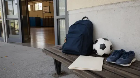 Sac d’école et équipement de sport devant un gymnase