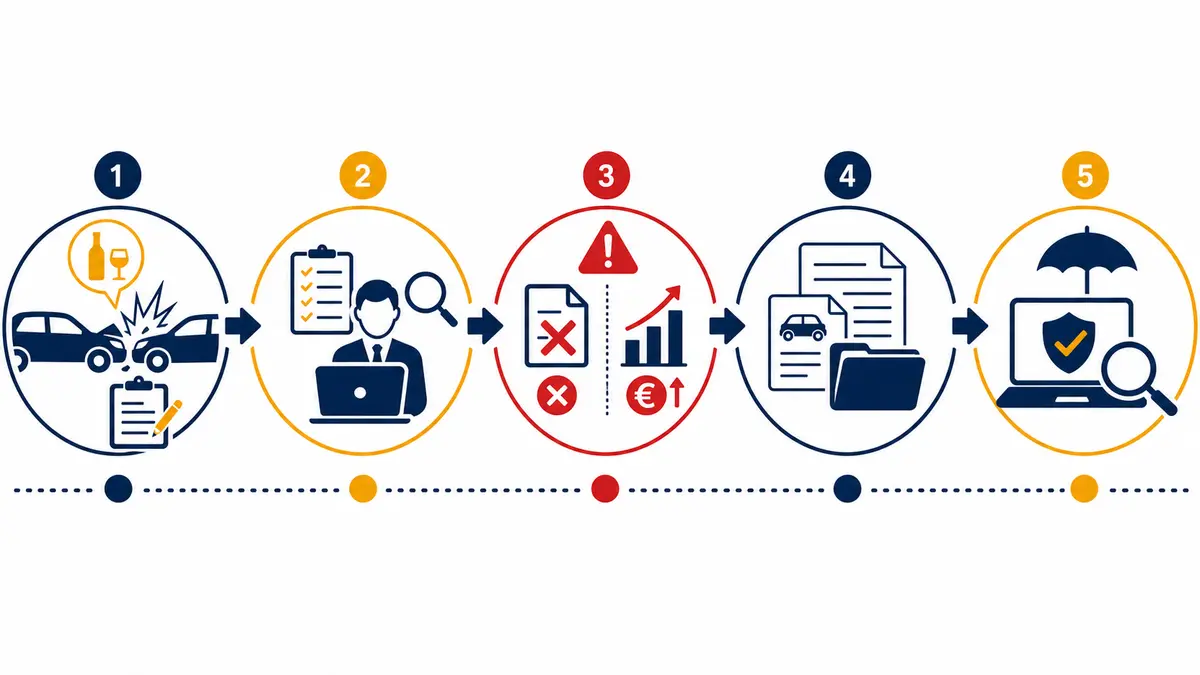 Schéma des étapes entre sinistre, analyse de l’assureur et recherche de couverture auto