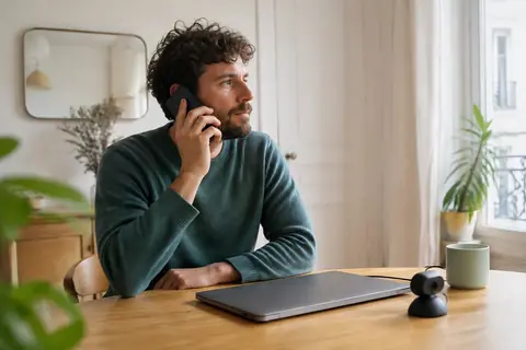 Télétravailleur contactant son interlocuteur après un incident à domicile