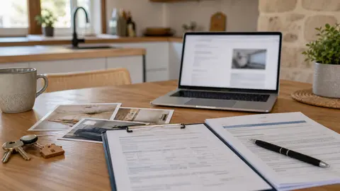 Dossier de déclaration de sinistre avec photos de dégâts et contrat d’assurance flouté