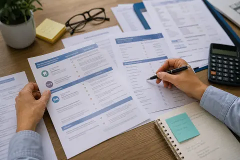 Contrat de complémentaire santé comparé avec devis dentaire, optique et hospitalisation floutés