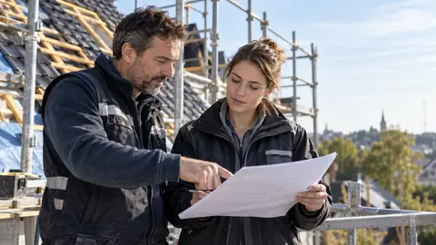 Un artisan et un client comparent l'attestation d'assurance à un devis sur un chantier.
