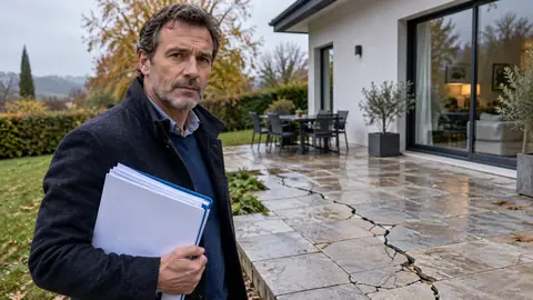 Un particulier examine un dallage fissuré, devis et documents à la main.