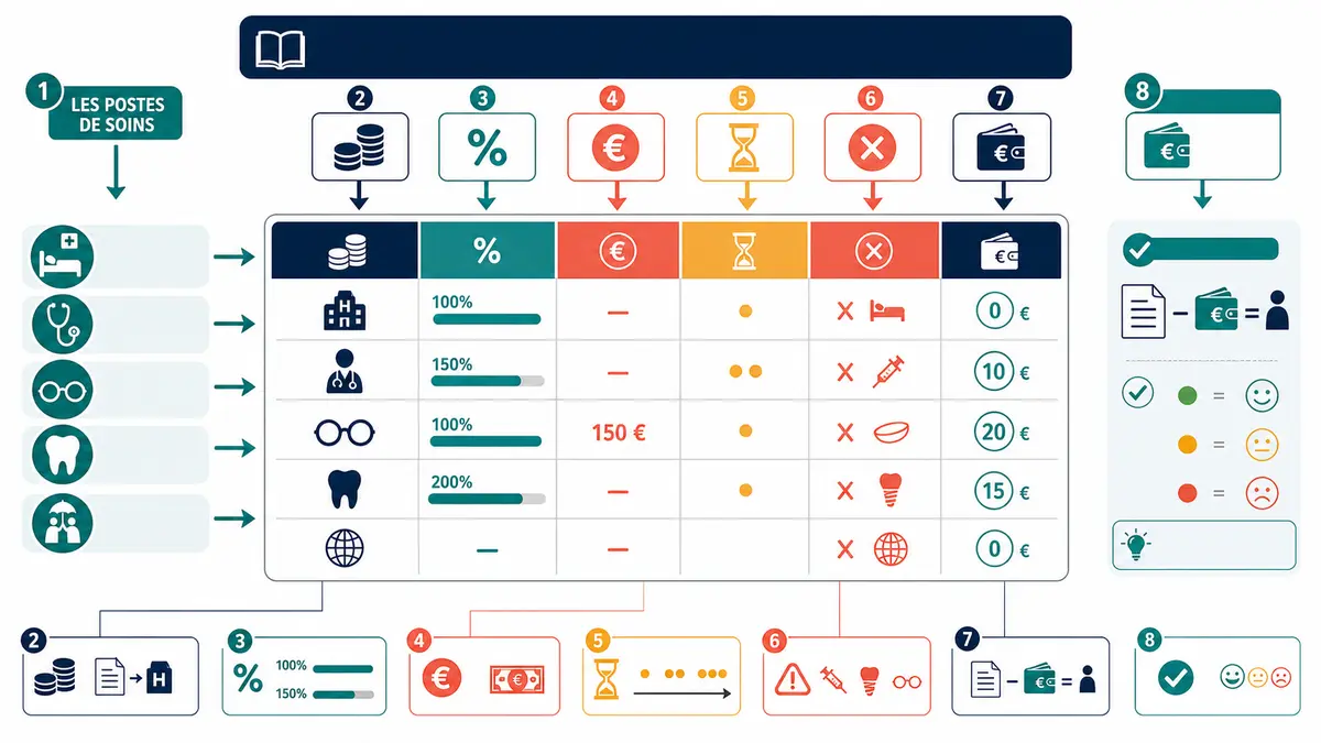 Infographie pour lire un tableau de garanties de mutuelle santé