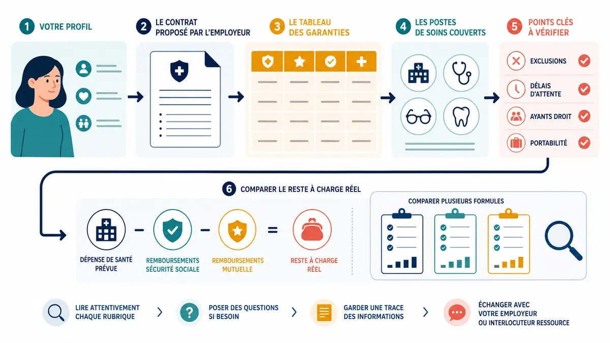 Infographie pour lire une mutuelle santé collective étape par étape