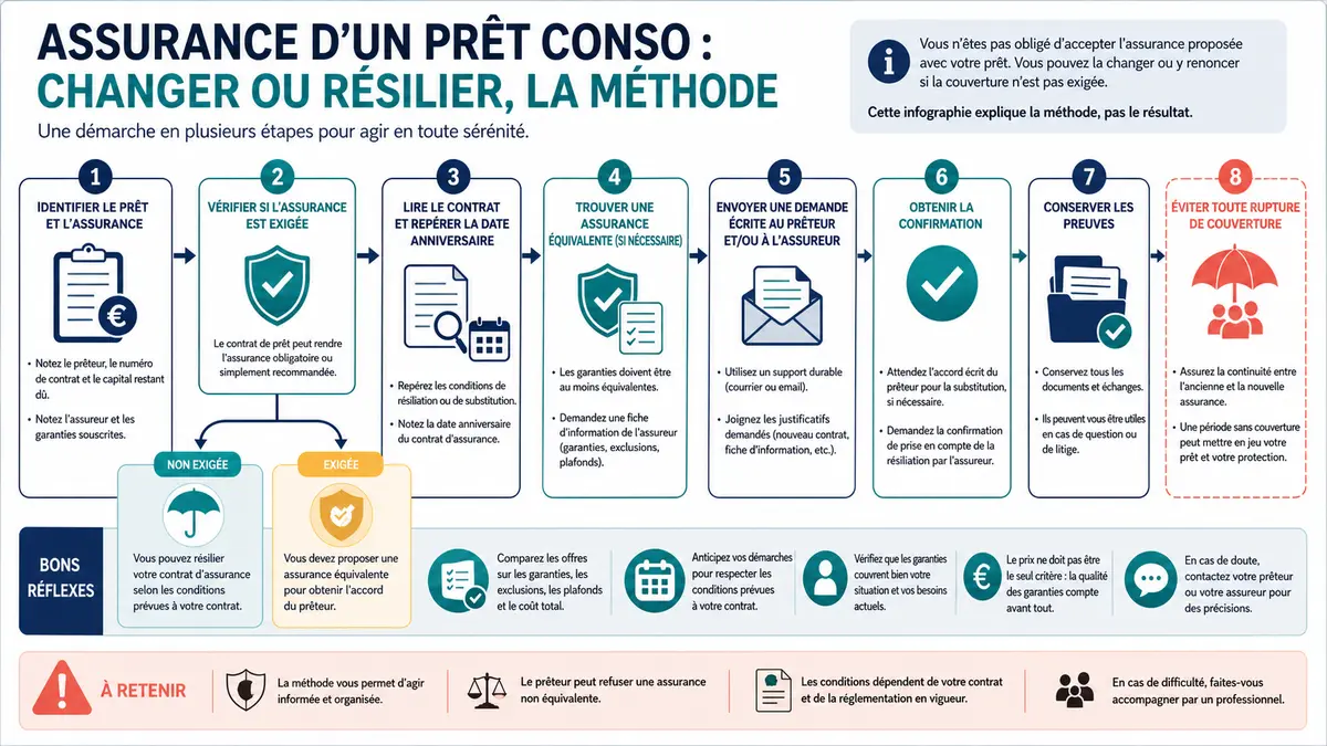 Infographie des étapes pour changer ou résilier une assurance de prêt conso
