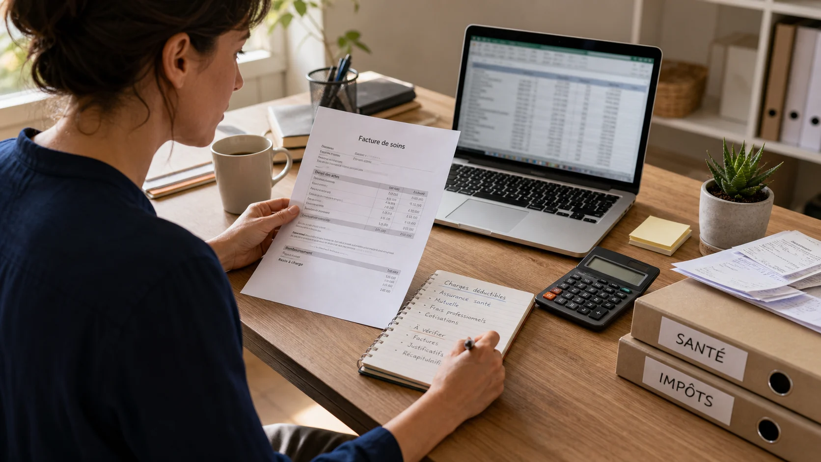 Indépendant vérifiant une facture de mutuelle et des notes fiscales
