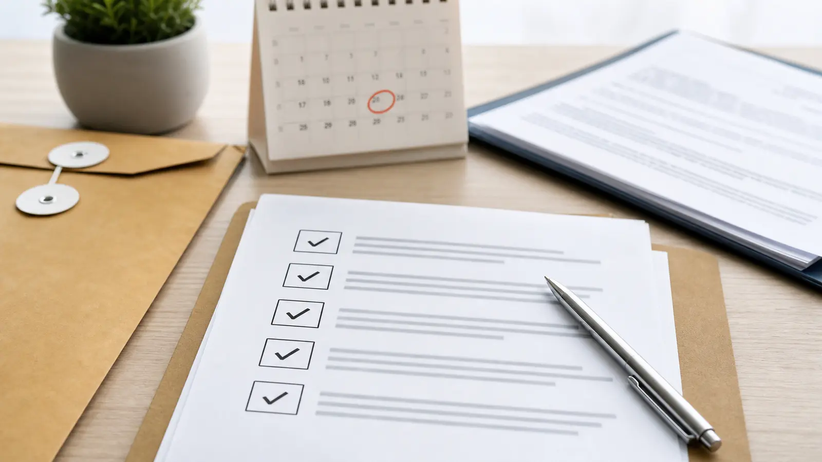 Checklist de résiliation avec calendrier, enveloppe et contrat de crédit