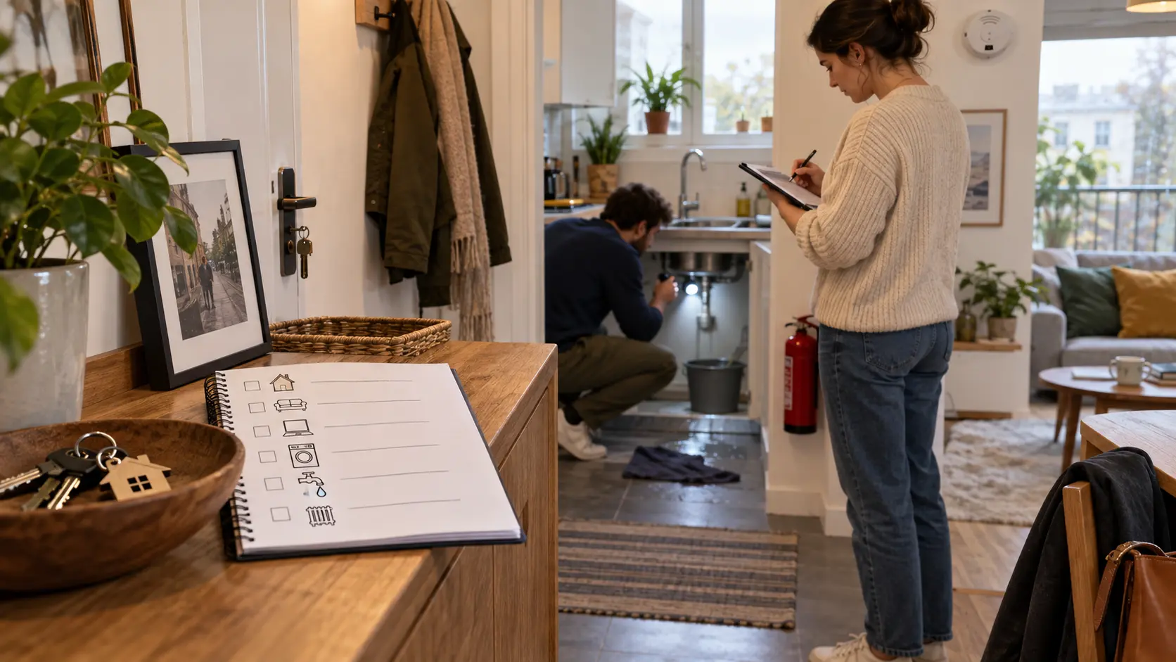 locataire inspectant un logement meublé avec une liste de vérification