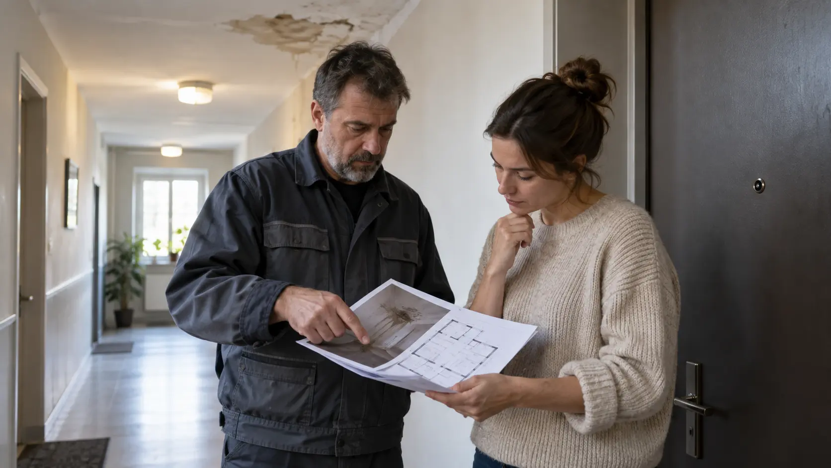 Locataire et gestionnaire relisant un rapport de fuite