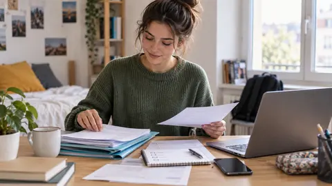 Étudiante organisant ses documents et une checklist de démarches santé
