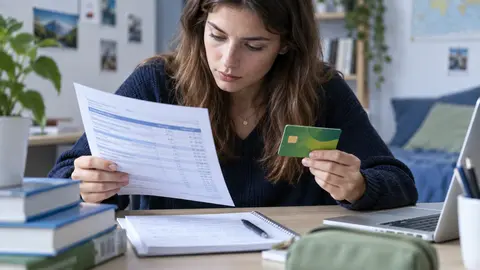 Étudiante comparant une grille de remboursements et une carte de santé