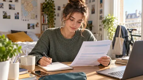 Étudiante comparant un document de couverture santé et son budget