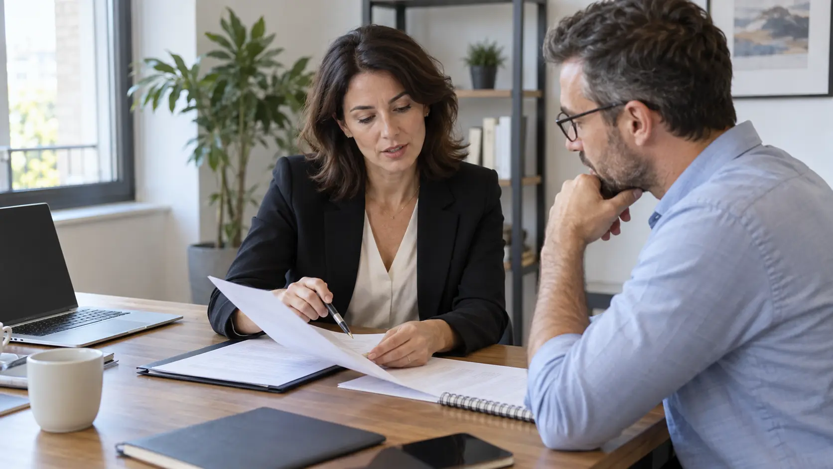 Consultante présentant à son client les documents d’une mission de conseil