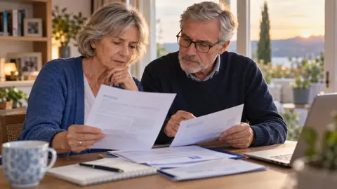 Un couple de retraités compare relevés et courriers de retraite